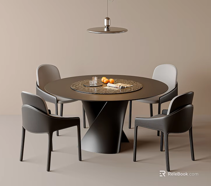 Stylish Round Dining Table With Four Black Chairs Ceiling Light Oranges And Books 3d model 