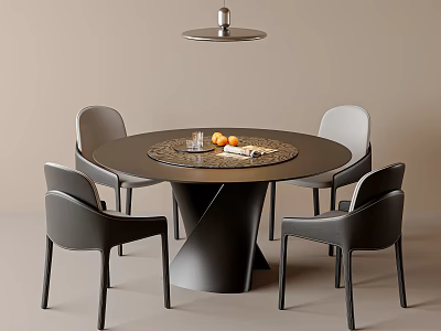 Stylish Round Dining Table With Four Black Chairs Ceiling Light Oranges And Books 3d model