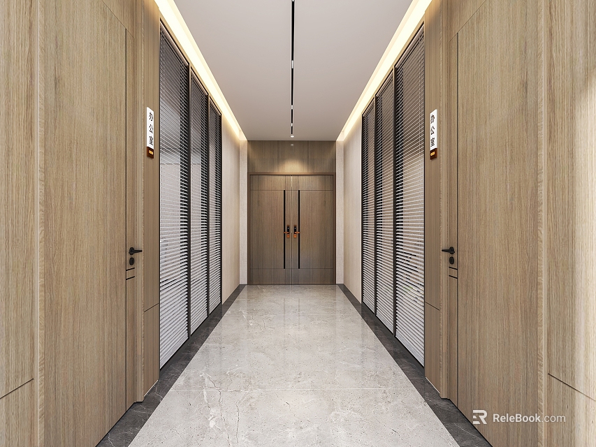 Modern Office Corridor Interior With Wooden Panel Walls Glass Partitions And Marble Floor 3d model 