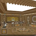 Traditional Temple Interior with Wooden Structure Ornate Mural Altar Table and Intricate Carpet