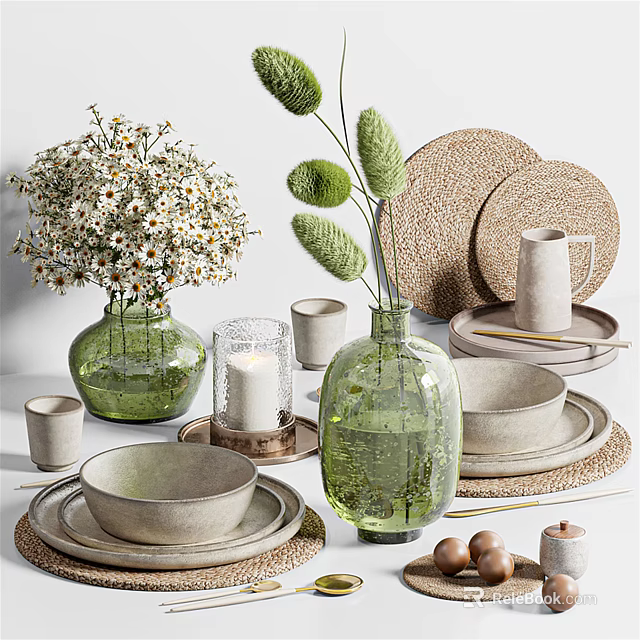 Natural Tones Tableware Set With Ceramic Bowls Plates Woven Mats And Green Glass Vases 3d model 