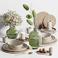 Natural Tones Tableware Set With Ceramic Bowls Plates Woven Mats And Green Glass Vases