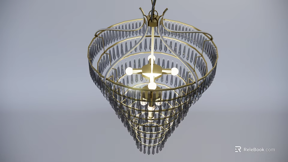 Elegant Gold Frame Chandelier with Long Crystal Pendants and Illuminated Bulbs Design 3d model 