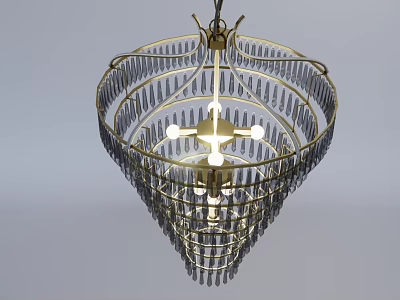 Elegant Gold Frame Chandelier with Long Crystal Pendants and Illuminated Bulbs Design 3d model