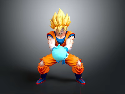 Super Saiyan 3D Model with Blonde Spiky Hair Orange Outfit Crouching Holding Blue Energy Ball 3d model