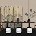 Traditional Chinese Tea Room Interior Design With Wooden Screen Calligraphy Green Plant And Drum Stools