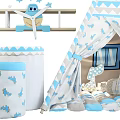 Kids Teepee Tent with Blue Triangle Pattern Star Garlands Airplane Toy and Soft Pillows