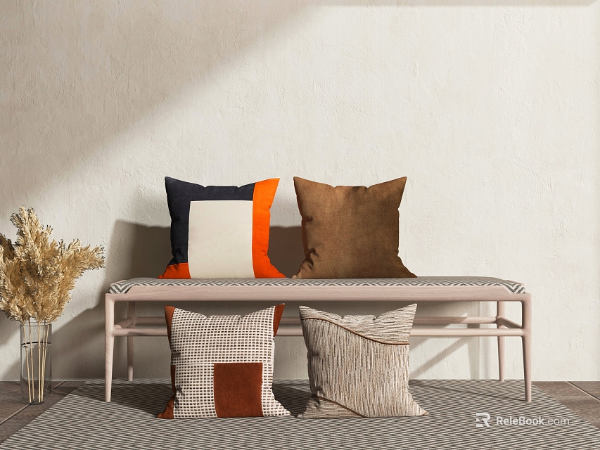 Navy Orange Brown and Beige Plaid Decorative Pillows on Light Bench with Hay Vase 3d model 