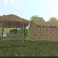 Rustic Thatched House And Wooden Pavilion In Green Grass With Trees Under Blue Sky