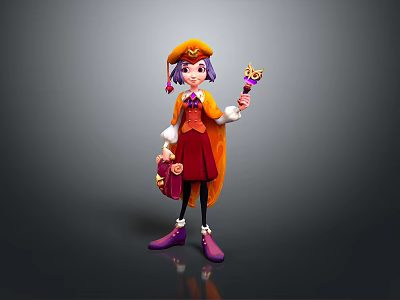 3D Animated Magical Girl Character With Purple Hair Orange Hat Red Dress And Magic Wand 3d model
