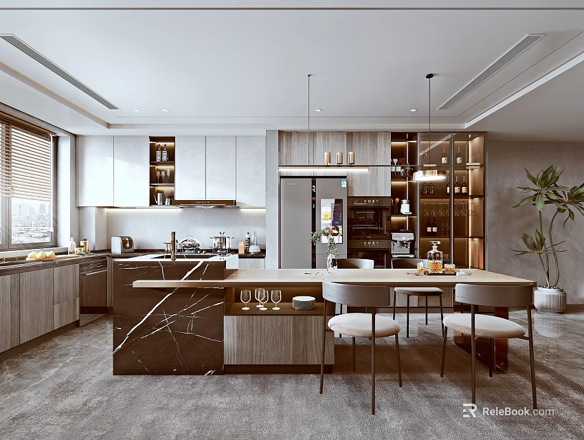 Modern Kitchen Interior With Marble Island Counter Cabinets Dining Chairs And Window 3d model