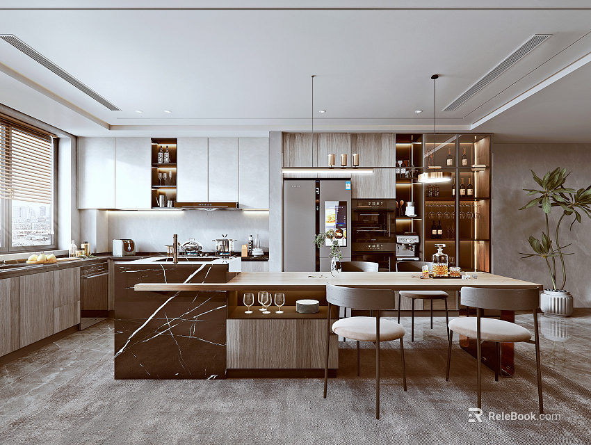 Modern Kitchen Interior With Marble Island Counter Cabinets Dining Chairs And Window 3d model 