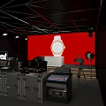 Public Office Space With Recording Equipment Red Backdrop And Control Console Workstations 3d model