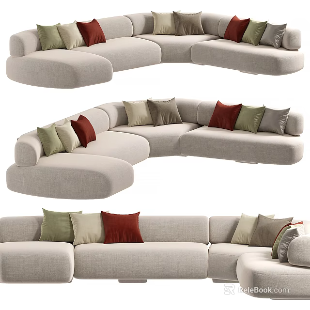 Modern Sectional Sofa In Beige With Green Red And Beige Decorative Cushions Design 3d model 