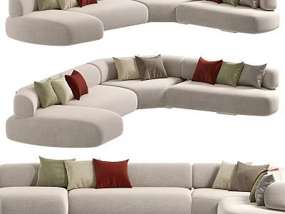 Modern Sectional Sofa In Beige With Green Red And Beige Decorative Cushions Design 3d model