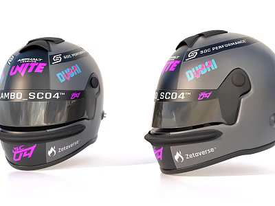 Two Racing Helmets With UNITE DASH AMBO SCO4 ZAPWORKS Logos And Black Design 3d model