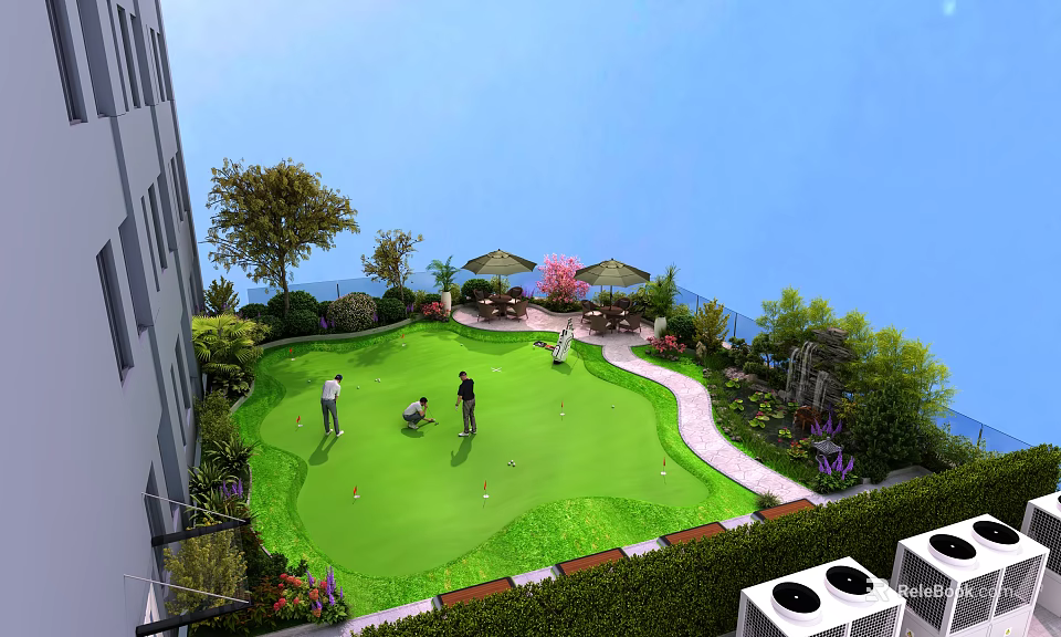 Spacious Rooftop Mini Golf Courtyard Design With Lush Greenery And Comfortable Outdoor Leisure Area 3d model 