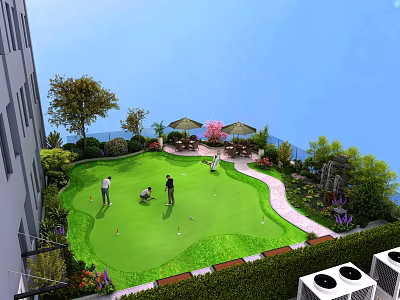 Spacious Rooftop Mini Golf Courtyard Design With Lush Greenery And Comfortable Outdoor Leisure Area 3d model