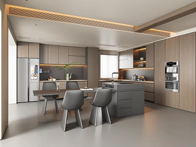 Modern Kitchen Interior Design With Island Dining Table Chairs Cabinets And Lighting 3d model