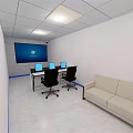 Minimalist Lounge Area Interior With White Table Chairs Blue Wall And Perforated Panels
