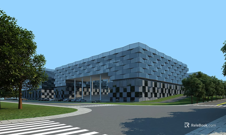 Modern Office Building With Geometric Gray Facade Green Trees And Lawn Area 3d model