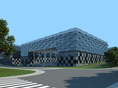Modern Office Building With Geometric Gray Facade Green Trees And Lawn Area 3d model