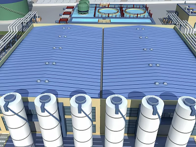 Industrial Factory Exterior With Blue Roof And White Storage Silos 3d model