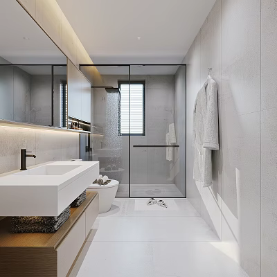 Modern Bathroom Interior With Sink Toilet Glass Shower And Towel 3d model