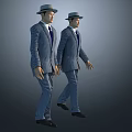 Two Men in Gray Suits with Blue Ties Wearing Hats Against Gray Background