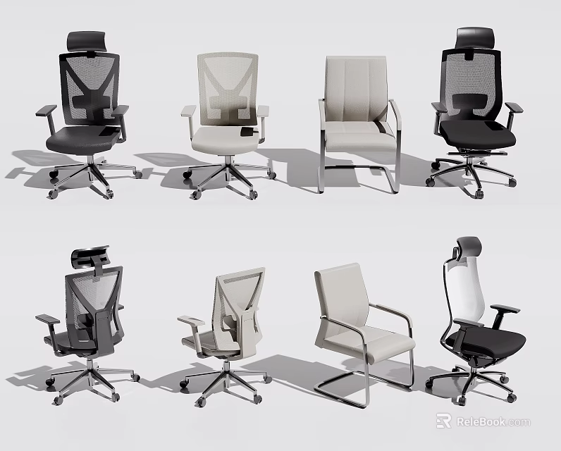 Different Styles of Ergonomic Office Chairs with Mesh Backs Adjustable Seats and Swivel Wheels 3d model 