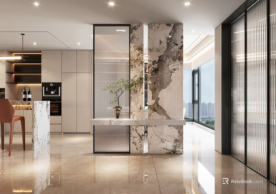 Modern Entryway Hallway Interior With Marble Wall Console Table And Potted Plant 3d model 