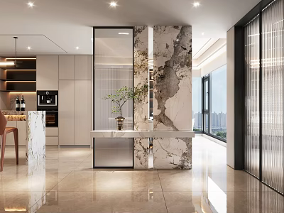 Modern Entryway Hallway Interior With Marble Wall Console Table And Potted Plant 3d model