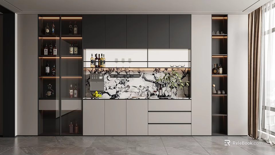 Modern Wine Cabinet With Glass Doors Wine Bottles Lighting And Marble Accents 3d model 