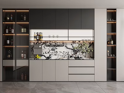 Modern Wine Cabinet With Glass Doors Wine Bottles Lighting And Marble Accents 3d model
