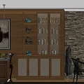 Wooden Wine Cabinet With Multi tiered Shelves Holding Wine Bottles And Decorative Figurines In Interior