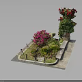 Small Garden Featuring Pink Flowers Red Blooms Green Plants Iron Decor And Stone Bench