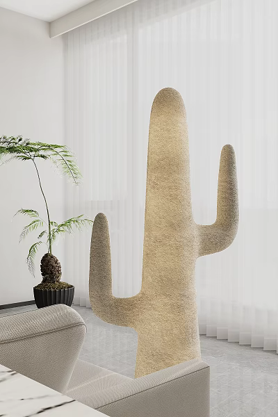 Cactus Shaped Woven Floor Lamp In Modern Minimalist Interior With Green Plant 3d model