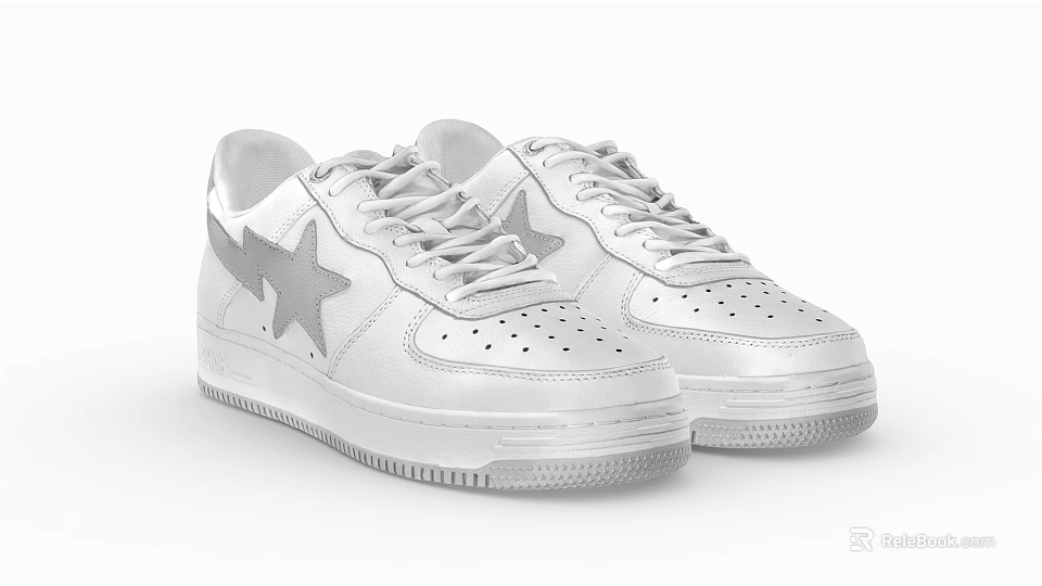 White Modern Sneakers With Star Design On Side And White Laces And Sole 3d model 