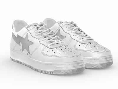 White Modern Sneakers With Star Design On Side And White Laces And Sole 3d model