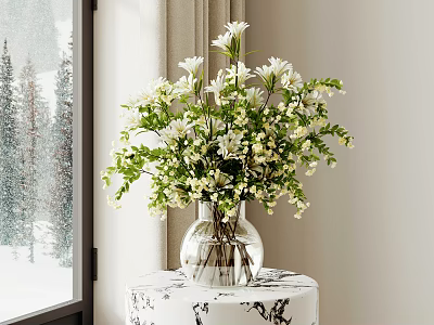 Transparent Glass Vase With White Flowers And Green Foliage On Window Side With Snowy View 3d model