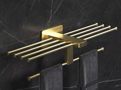 Elegant Golden Bathroom Rack Mounted on Black Marble Wall with Gray Towels 3d model