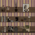 Sculpture Carvings Displayed On Wooden Shelves With Striped Wallpaper And Decorative Items