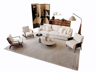 Elegant Sofa and Coffee Table Set With Accent Chairs Soft Area Rug and Floor Lamp 3d model