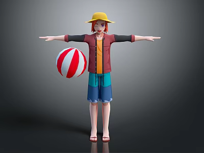 Cartoon Character With Red Hair Yellow Hat And Blue Shorts Holding Red White Beach Ball 3d model