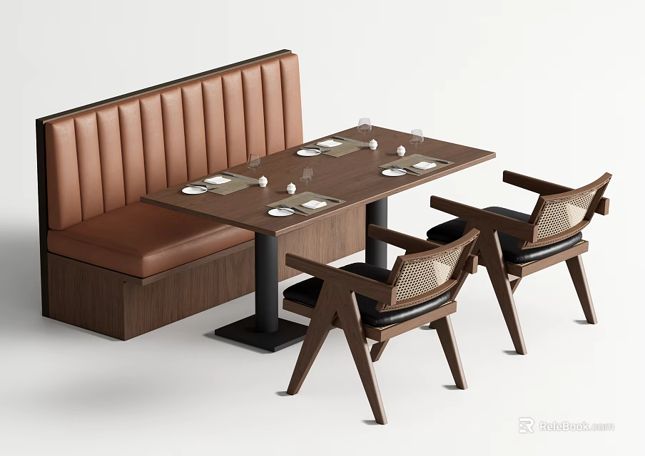 Banquette Sofa In Brown With Tufted Backrest And Wooden Dining Table With Woven Chairs 3d model 