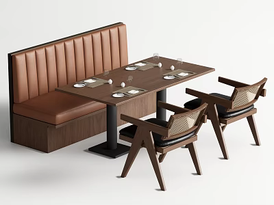 Banquette Sofa In Brown With Tufted Backrest And Wooden Dining Table With Woven Chairs 3d model
