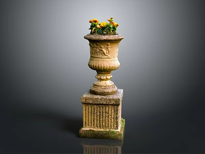Elegant Decorative Stone Vase With Carved Base Holding Yellow Orange Flowers 3d model