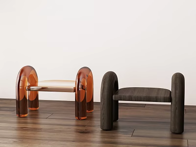 Modern Transparent Orange And Dark Brown Wooden Stools On Wooden Floor 3d model
