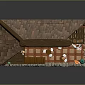 Cartoon Style House Interior With Brick Walls Wooden Staircase Tables Chairs Bookshelves Plants And Barrels