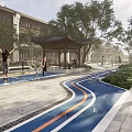 Scenic Park Landscape Featuring Blue Orange Striped Track Green Lawns Trees And Chinese Style Buildings